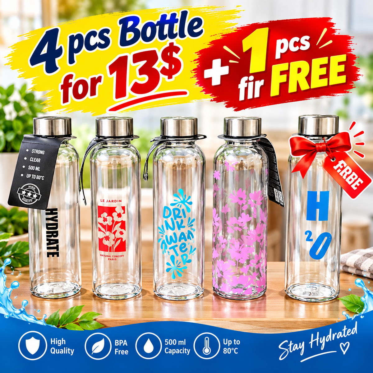 Designer Glass Water Bottle Set – Bundle of 4 Unique Prints