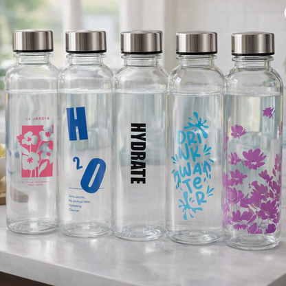 Designer Glass Water Bottle Set – 5 Unique Prints