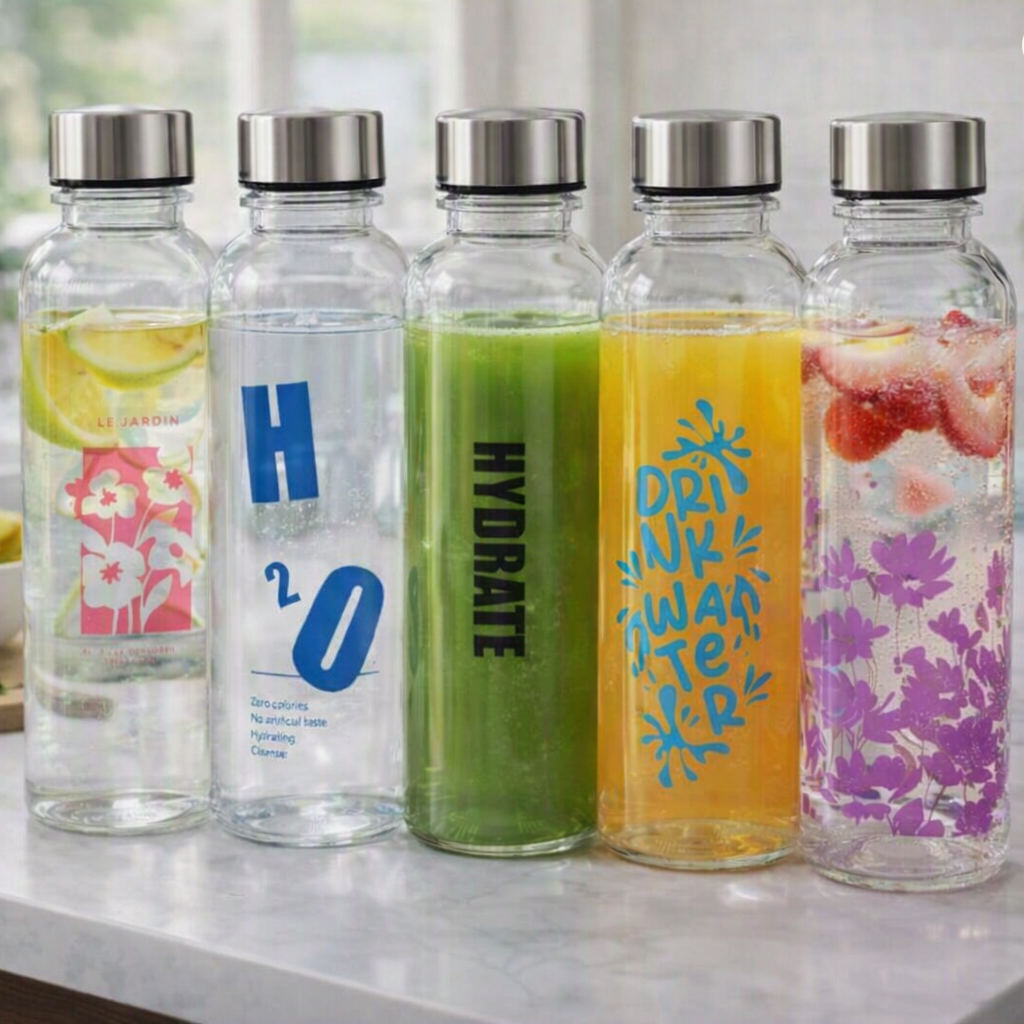 Designer Glass Water Bottle Set – 5 Unique Prints