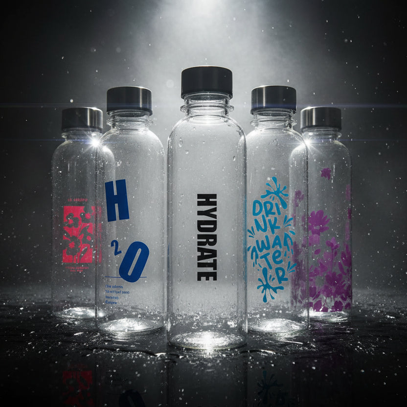 Designer Glass Water Bottle Set – 5 Unique Prints