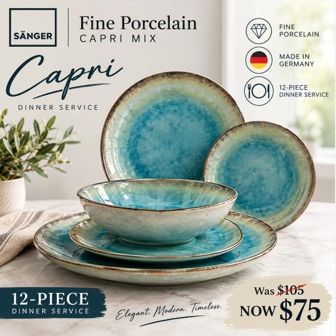 SÄNGER® - "Capri Mix" Fine Porcelain 12-Piece Dinner Service
